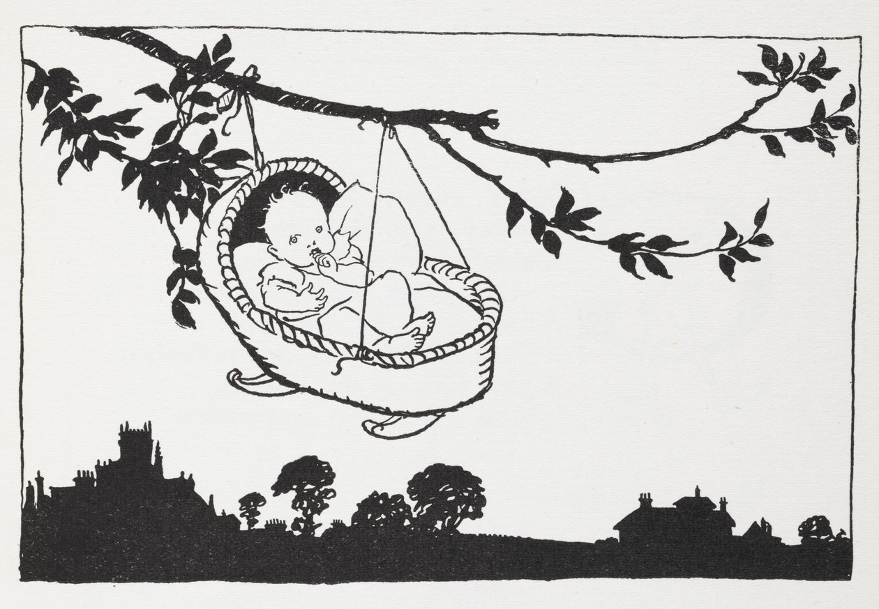 Bébé dans un berceau suspendu à une branche - Arthur Rackham