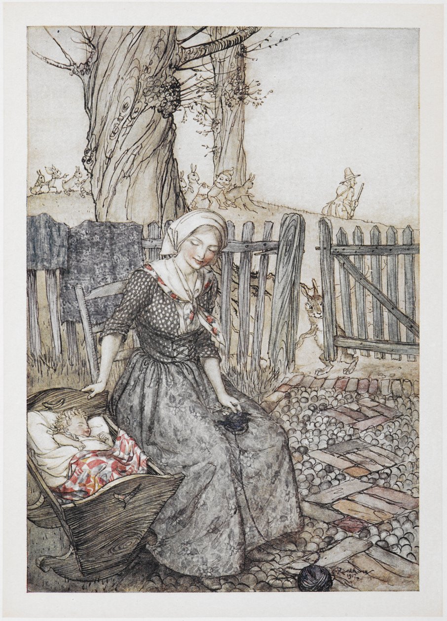 Au revoir, bébé bunting. Mère avec son bébé dans un berceau. Père partant à la chasse en arrière-plan. - Arthur Rackham