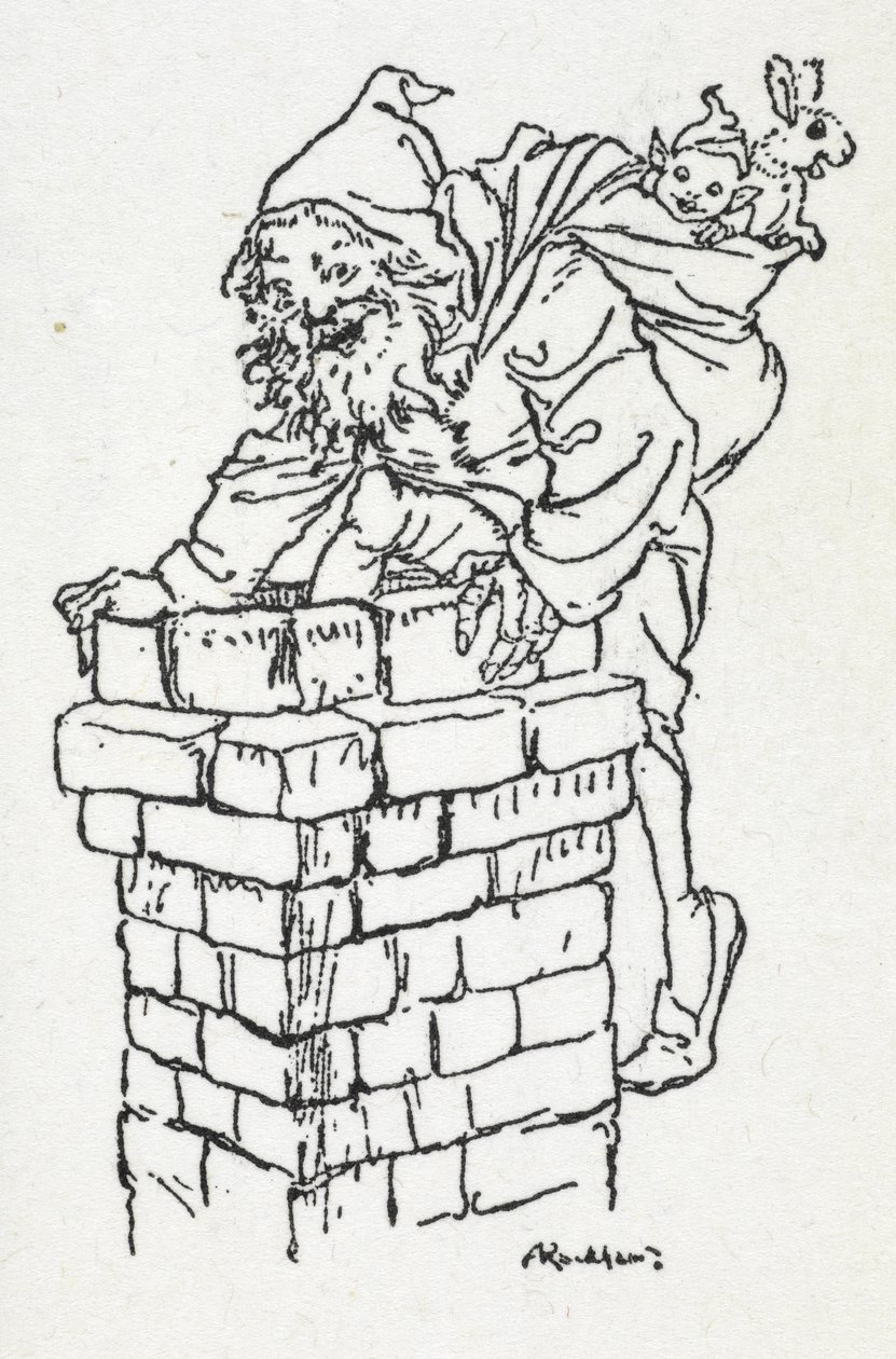 Père Noël descendant par une cheminée avec un sac de cadeaux - Arthur Rackham