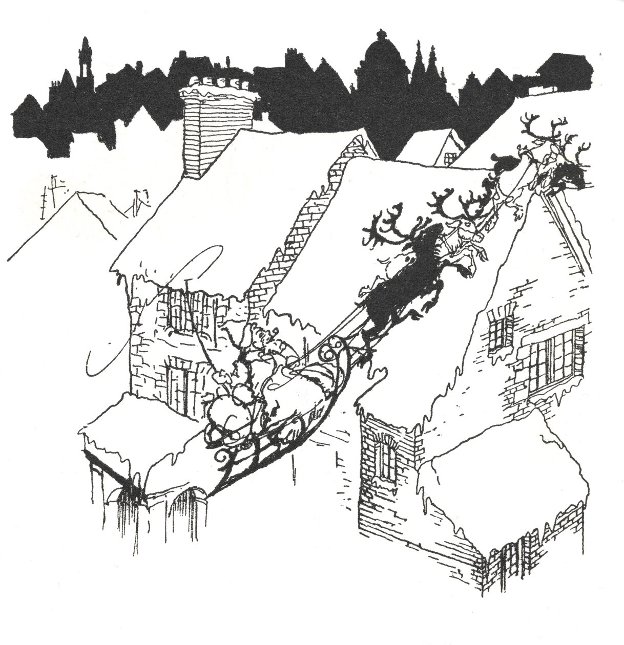 Père Noël dans son traîneau volant au-dessus des toits enneigés - Arthur Rackham