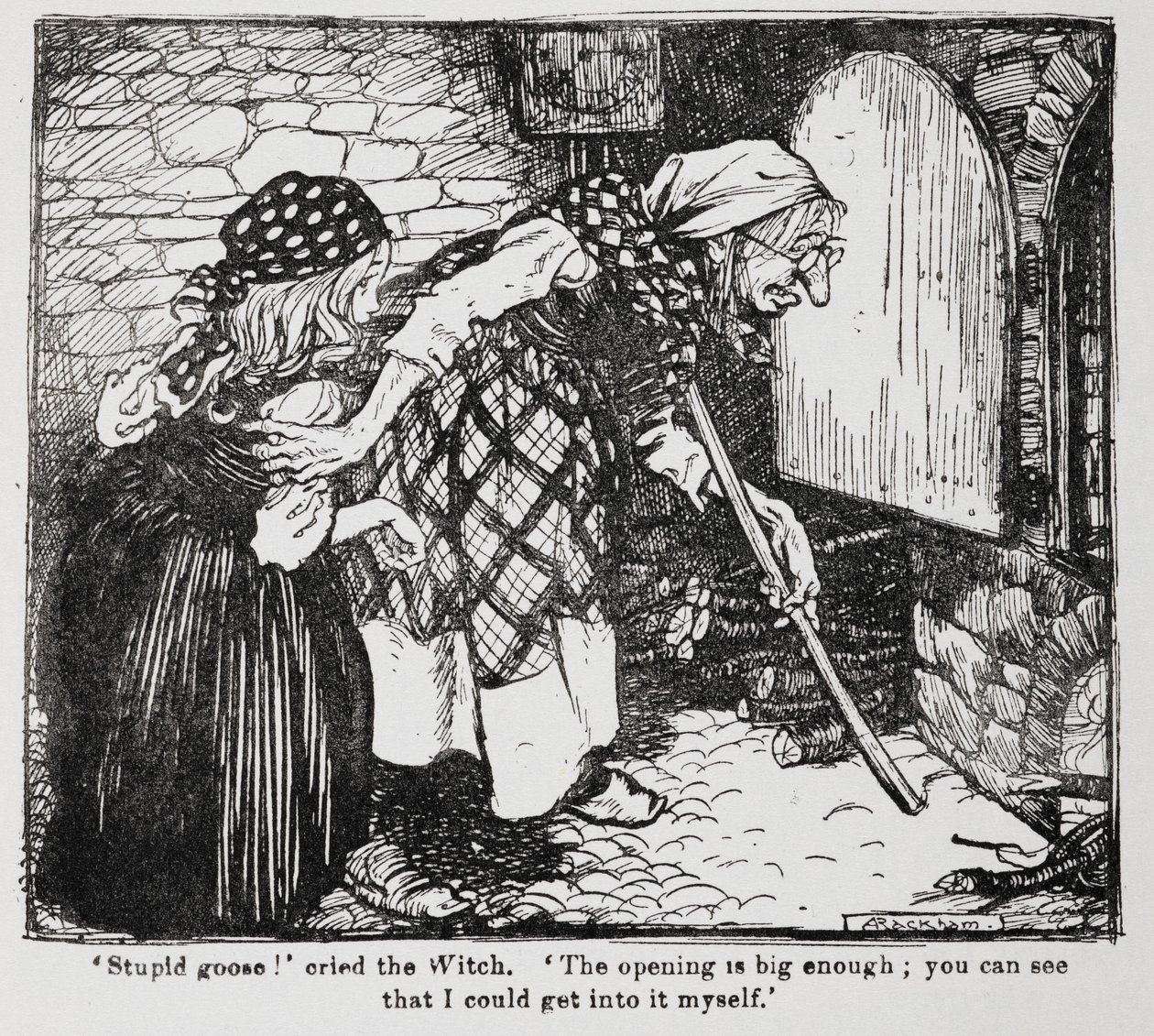 Gretel et la vieille sorcière près du four tirée de Hansel et Gretel - Arthur Rackham