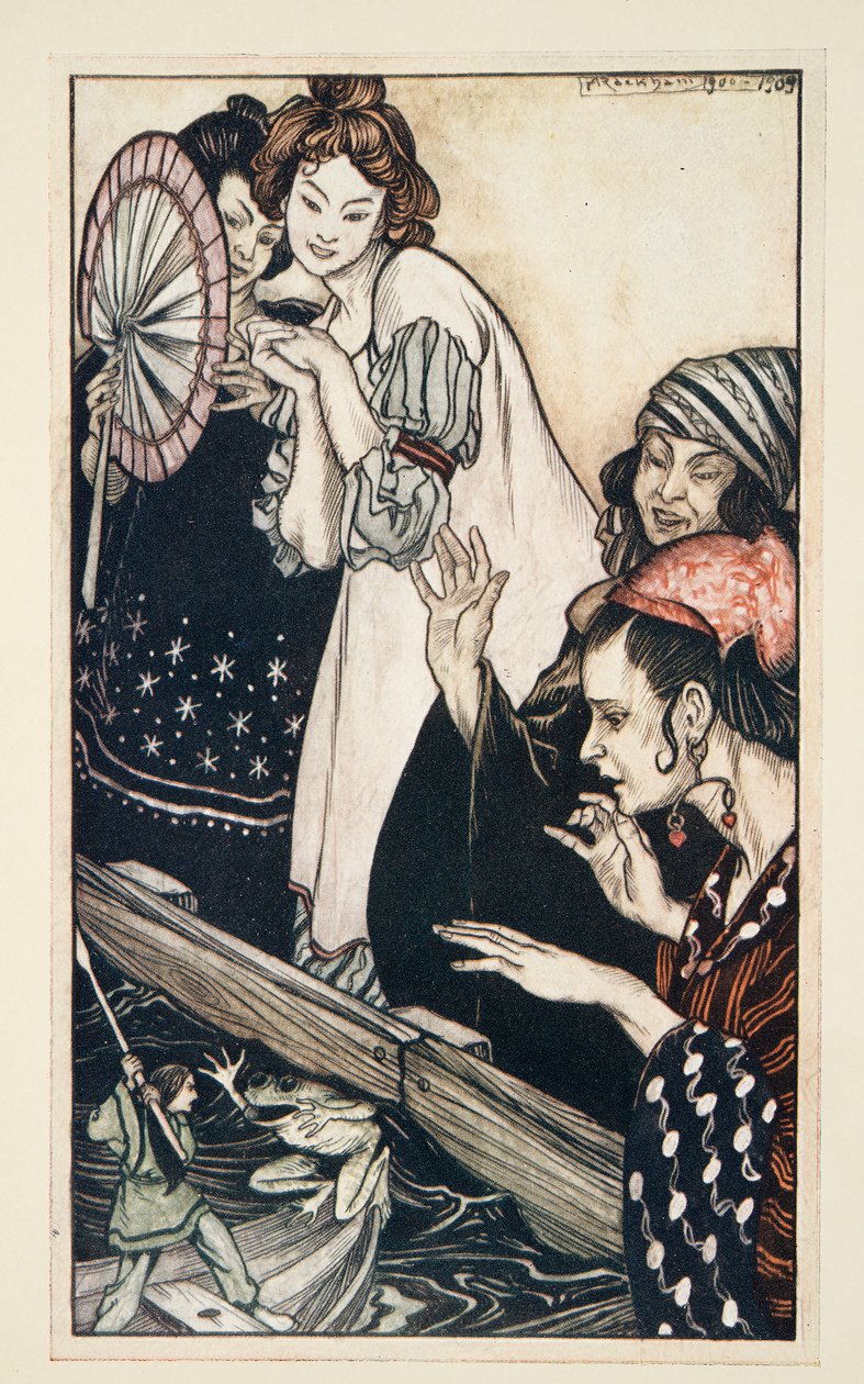 La rencontre de Gulliver avec la grenouille, des Voyages de Gulliver par Jonathan Swift (1667 - 1745), pub. 1909 - Arthur Rackham