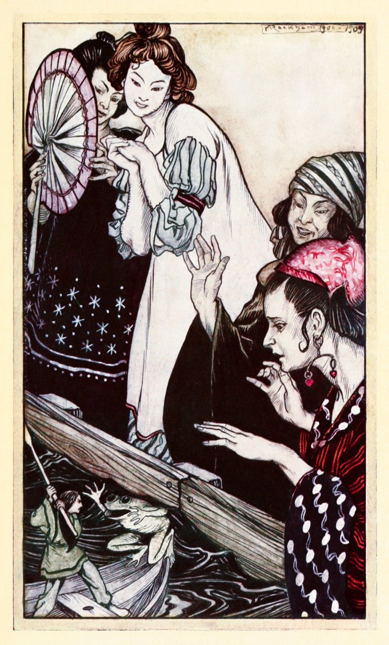 La rencontre de Gulliver avec la grenouille de la Partie II : Un voyage à Brobdingnag dans les Voyages de Gulliver par Jonathan Swift - Arthur Rackham