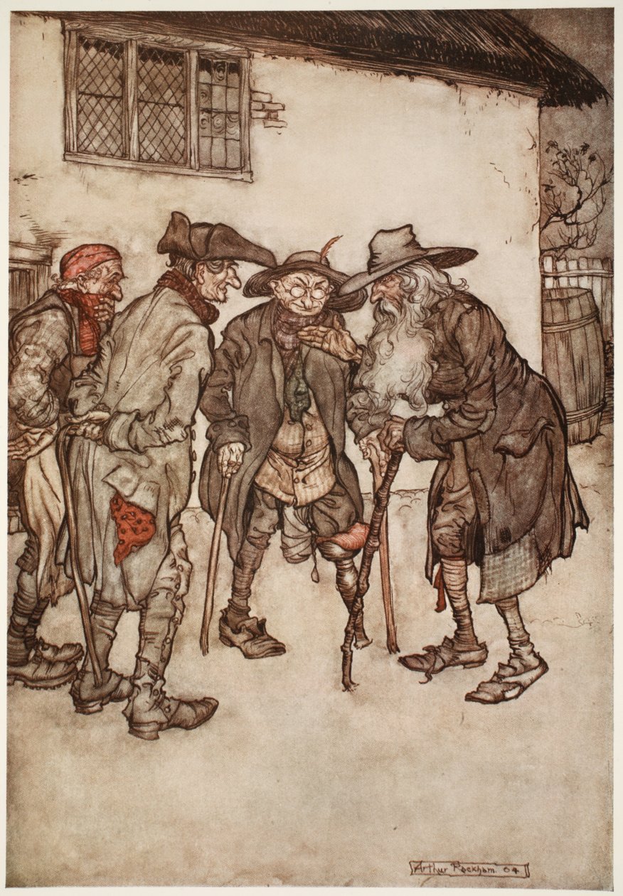 Il retrouva bientôt beaucoup de ses anciens compagnons, bien que tous plutôt usés par le temps., de Rip Van Winkle par Washington Irving, pub. 1910 - Arthur Rackham