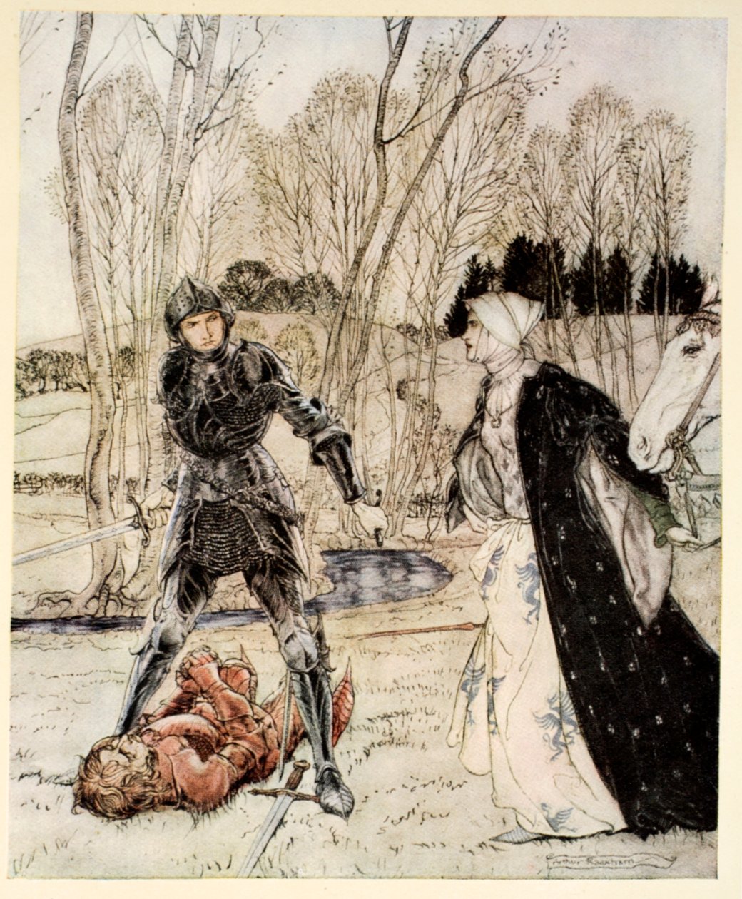 Comment Beaumains a vaincu le Chevalier Rouge et toujours la demoiselle lui a dit beaucoup de mots grossiers, illustration de 