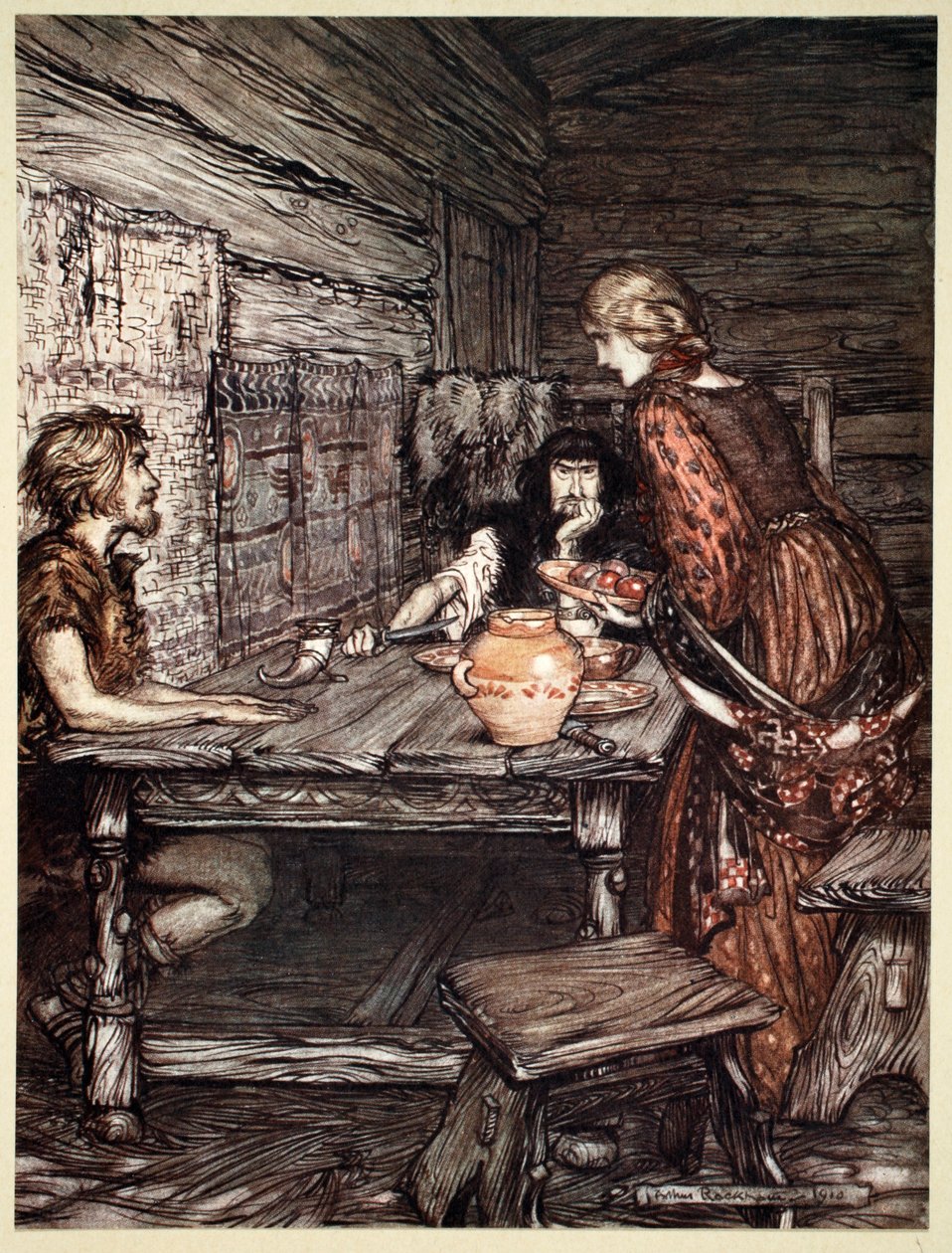 Hunding découvre la ressemblance entre Siegmund et Sieglunde - Arthur Rackham