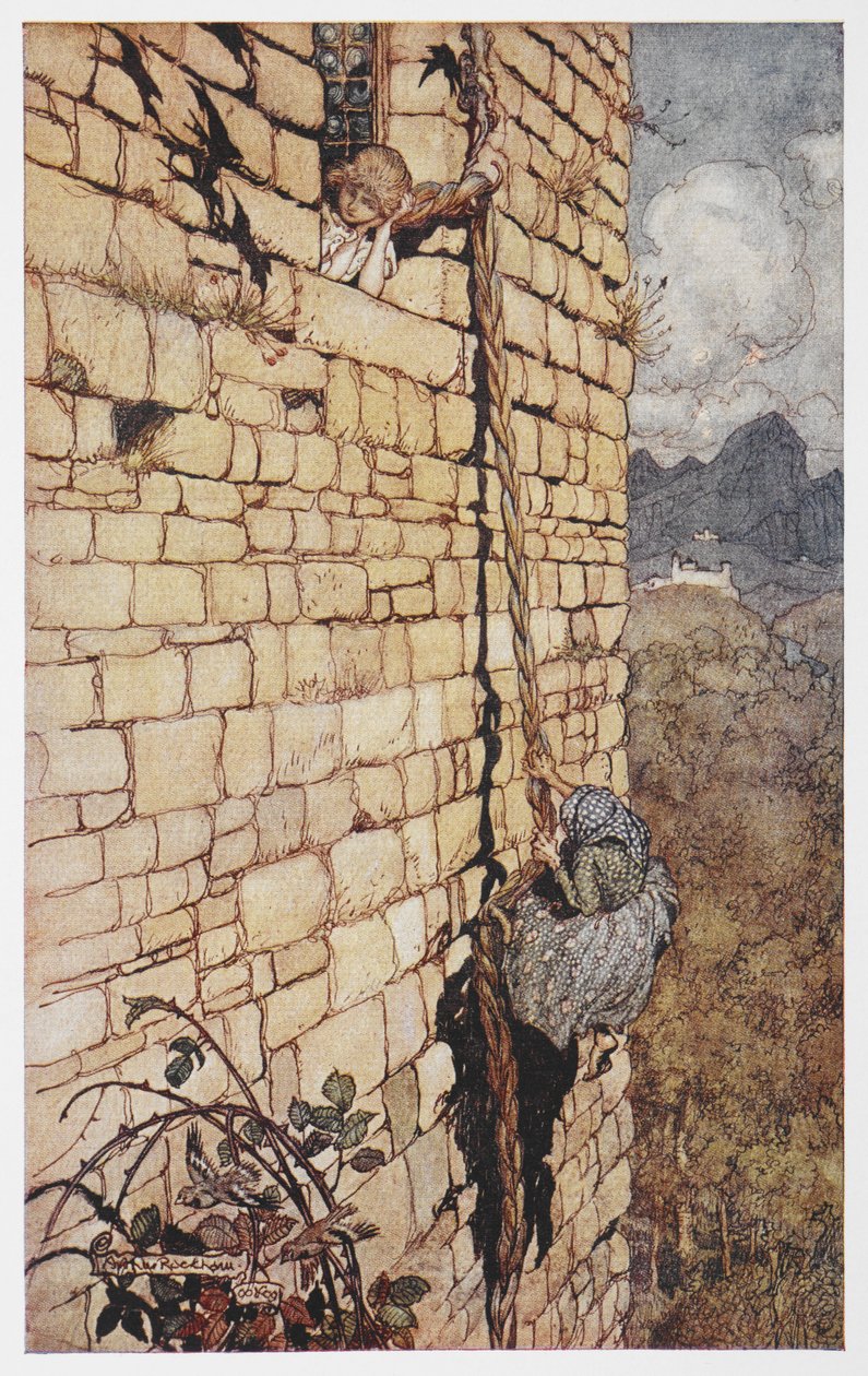 Illustration de la sorcière grimpant aux cheveux de Raiponce - Arthur Rackham