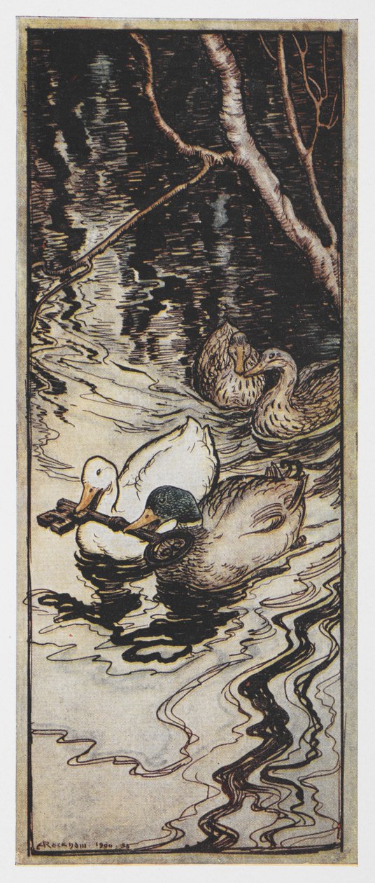 Illustration de deux canards portant une clé de La Reine des Abeilles - Arthur Rackham