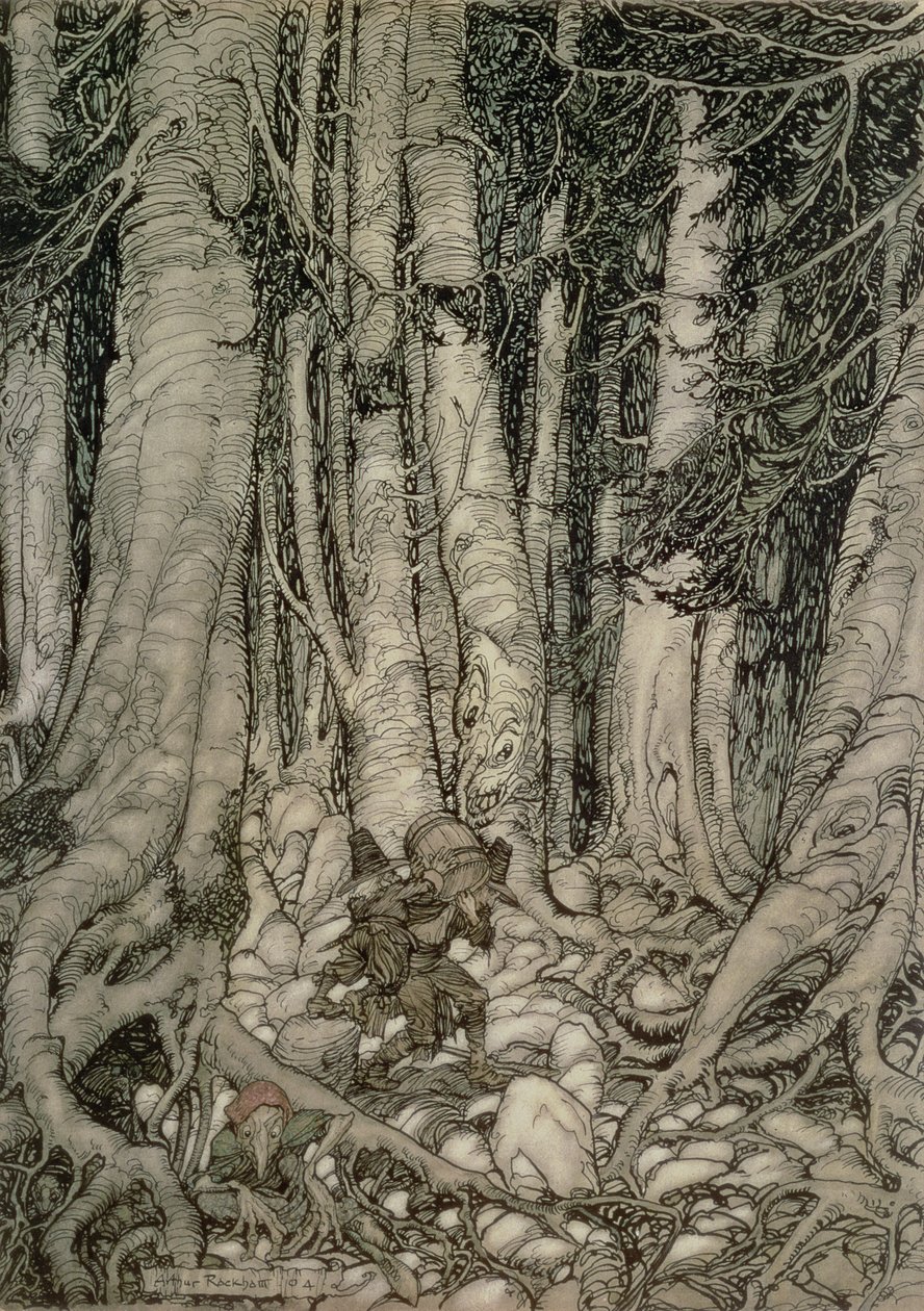 Dans la Forêt avec un Tonneau de Rip Van Winkle écrit par Washington Irving (1783-1859), 1905 - Arthur Rackham