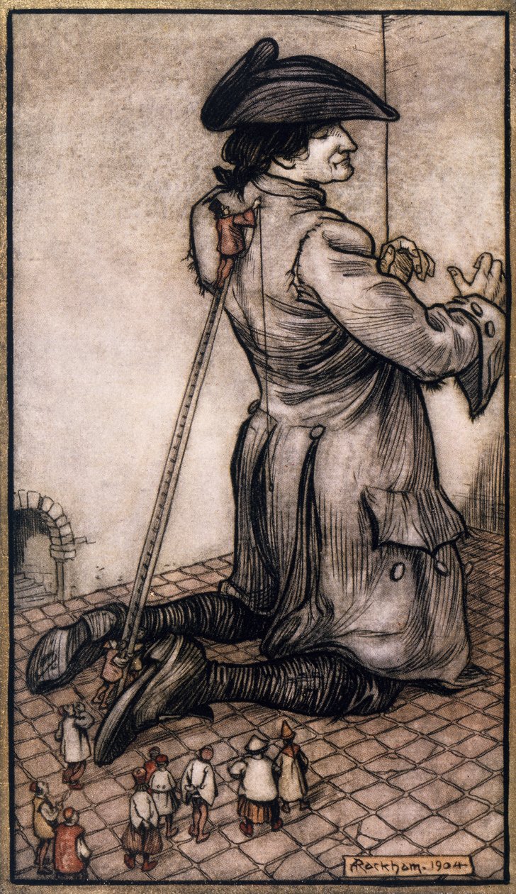 Les tailleurs lilliputiens mesurant Gulliver pour lui faire un nouveau costume, illustration par Arthur Rackham (1867-1939) des Voyages de Gulliver par Jonathan Swift (Dublin) - Arthur Rackham