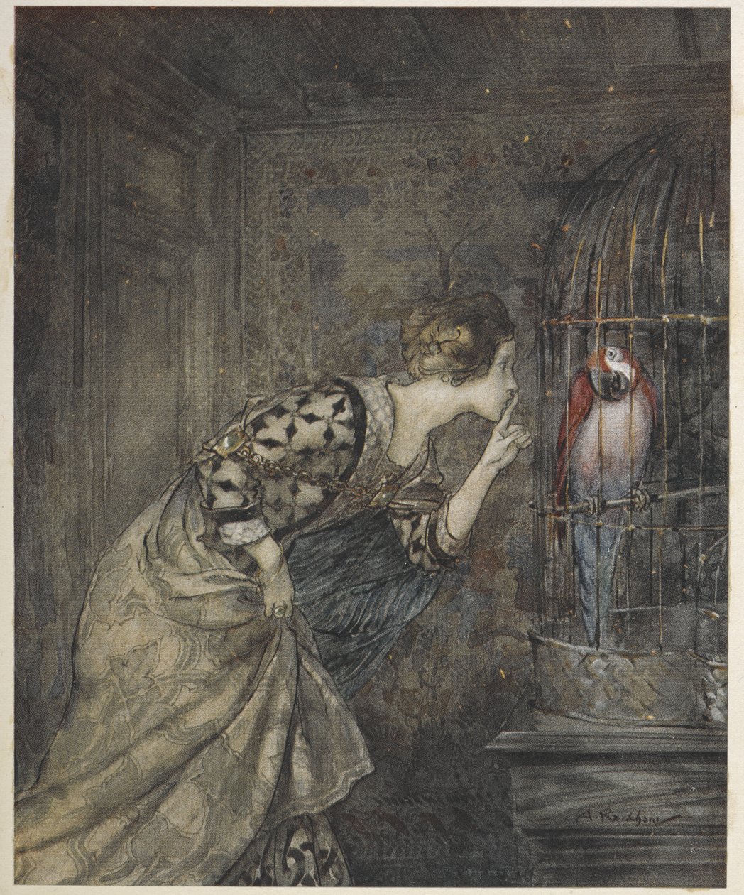 May Colvin et un perroquet dans une cage - Arthur Rackham