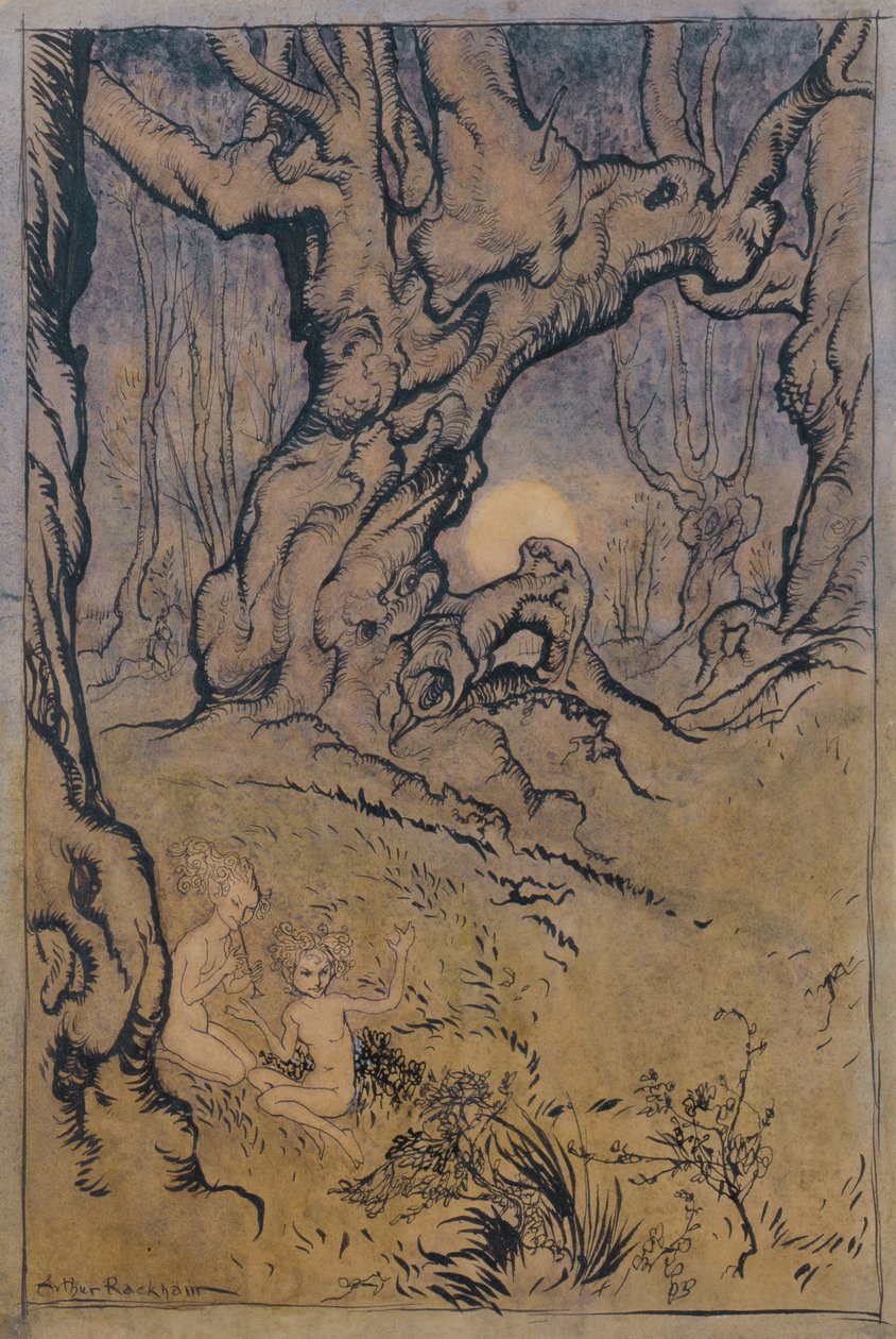 Fées au clair de lune dans un bois (encre et aquarelle) - Arthur Rackham