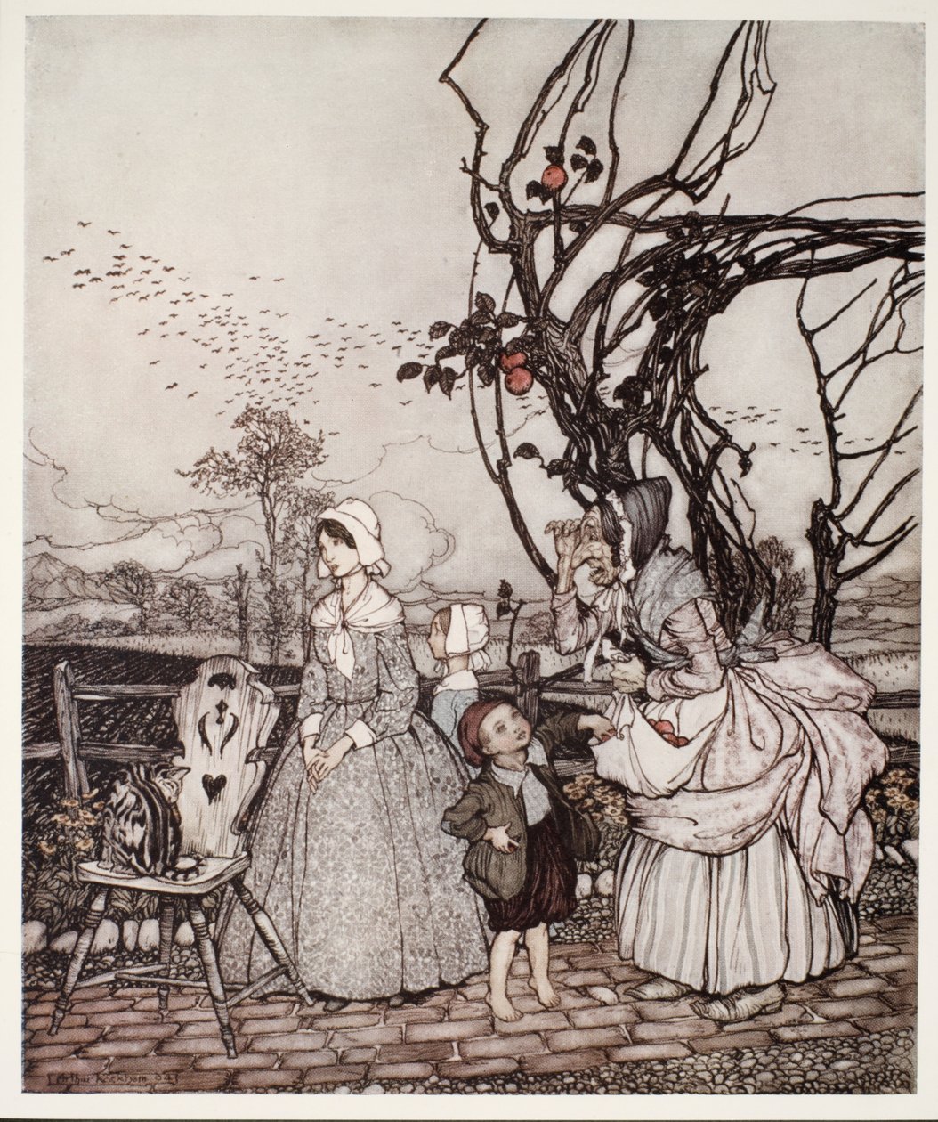 Mère et enfants revenant de la cueillette des pommes, de Rip Van Winkle par Washington Irving, pub. 1910 - Arthur Rackham