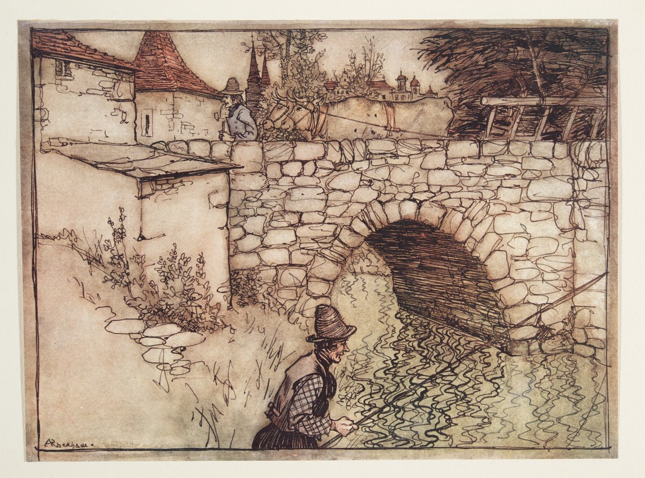 Il était une fois un pauvre paysan nommé Crabb, qui emmenait une charge de bois tirée par deux bœufs en ville pour la vendre, des Contes de fées des frères Grimm, pub. 1909 - Arthur Rackham