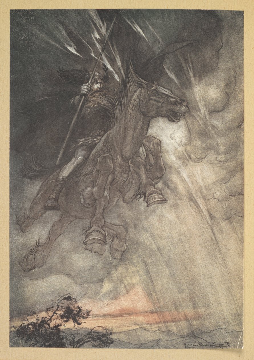 "Enragé, Wotan chevauche vers le Rocher ! Comme un vent de tempête il arrive !" - Arthur Rackham