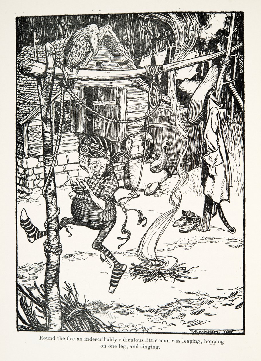 Autour du feu, un petit homme indescriptiblement ridicule sautait sur une jambe et chantait, des Contes de fées des frères Grimm, pub. 1909 - Arthur Rackham