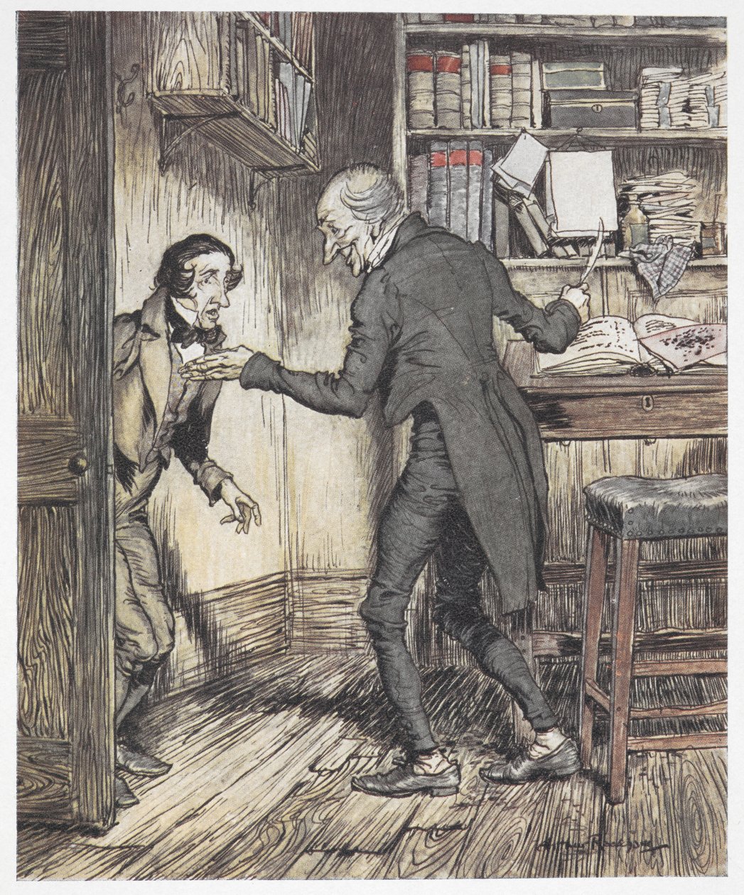 Scrooge écrivant dans son bureau alors qu