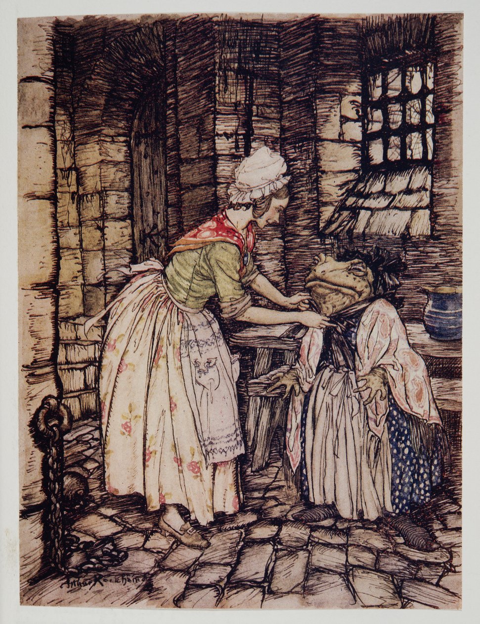 Elle arrangea le châle avec un pli professionnel et noua les ficelles du bonnet rouillé sous son menton, de Wind in the Willows par Kenneth Grahame (1859 - 1932), pub. 1940 - Arthur Rackham