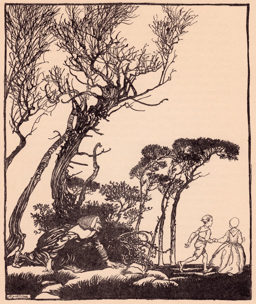 Elle les suivit secrètement, comme les sorcières le font. Illustration par Arthur Rackham du Conte de Grimm Petit Frère et Petite Sœur. - Arthur Rackham