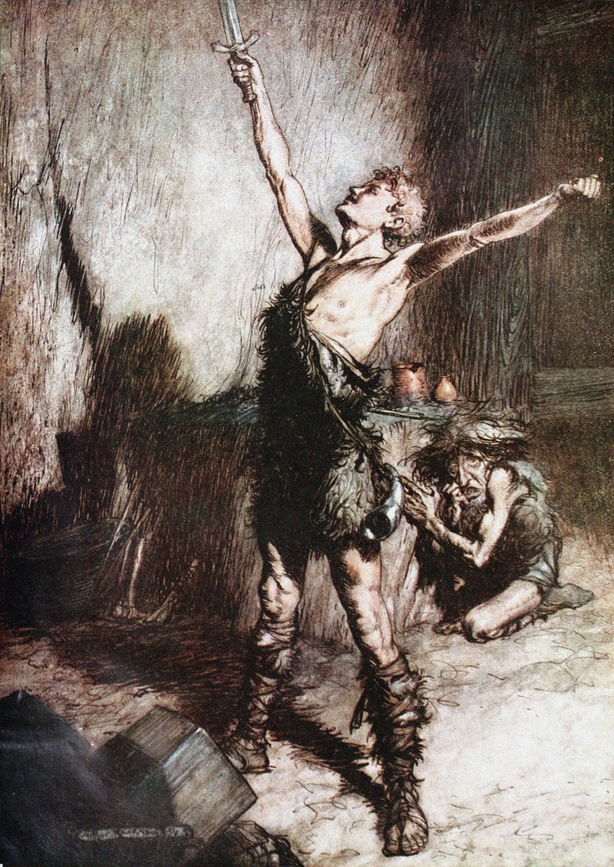 Siegfried forge son épée. Illustration pour Siegfried et Le Crépuscule des dieux de Richard Wagner - Arthur Rackham