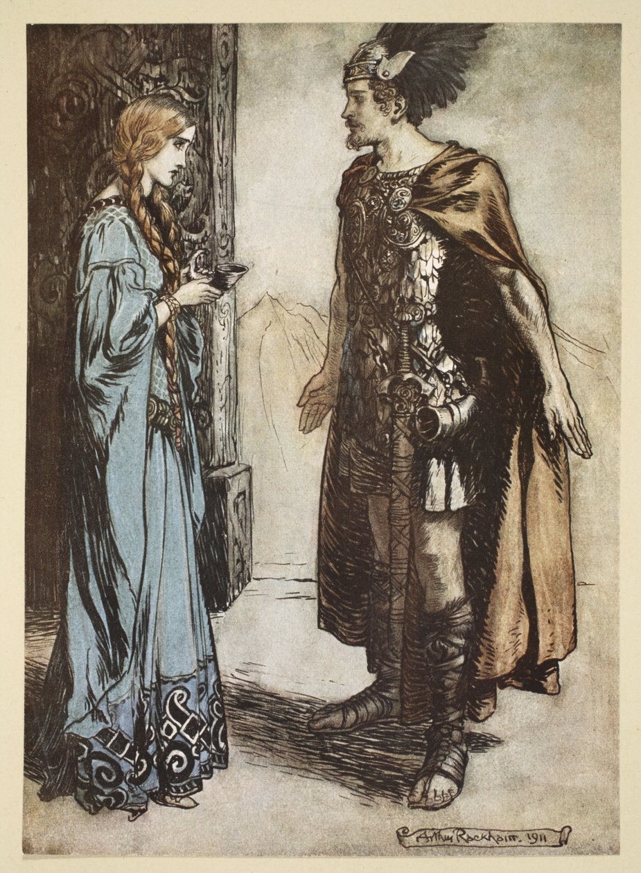 Siegfried rend la corne à boire à Gutrune et la regarde avec une passion soudaine, illustration de 