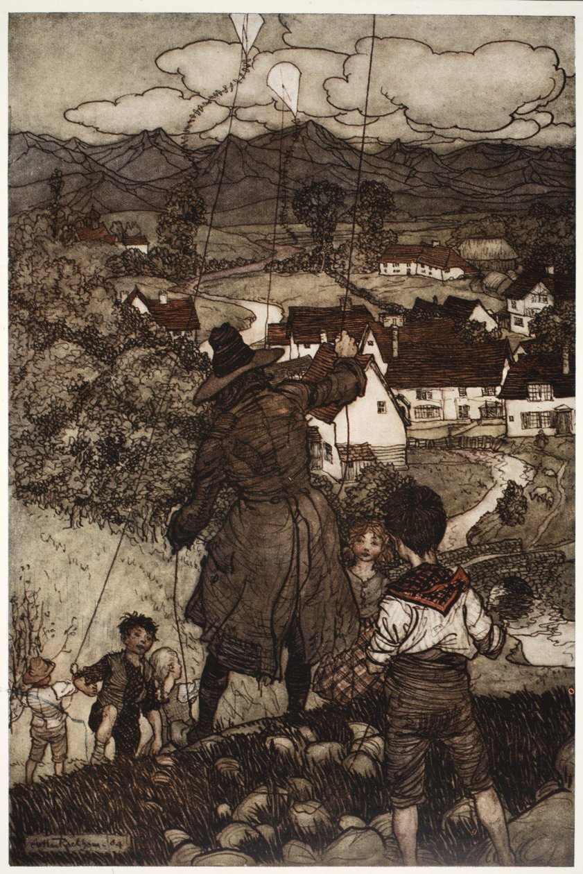 Leur apprenait à faire voler des cerfs-volants, de Rip Van Winkle par Washington Irving, pub. 1910 - Arthur Rackham