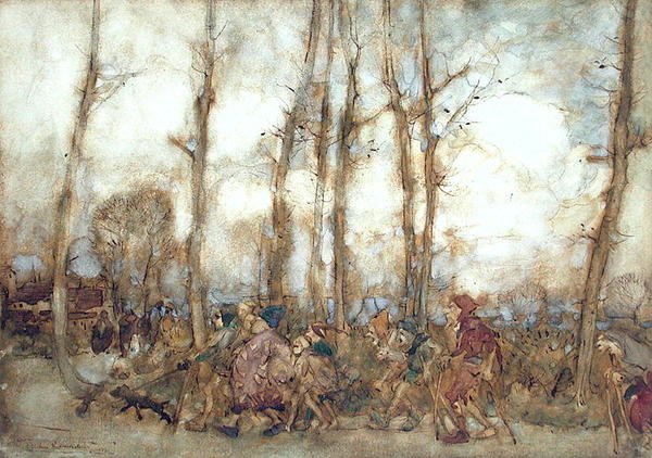 Les mendiants arrivent en ville - Arthur Rackham
