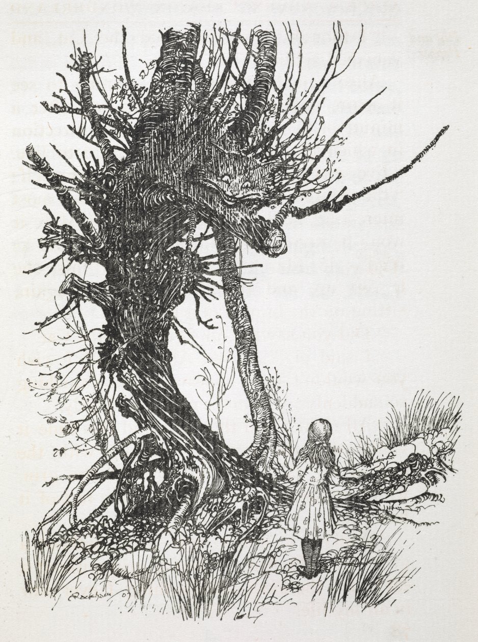 Le Chat du Cheshire dans un arbre regardant Alice