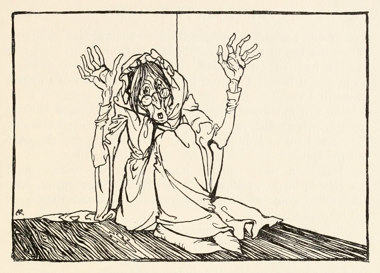 La sorcière était assise contre le mur de La frénésie de Morgan dans Contes de fées irlandais - Arthur Rackham