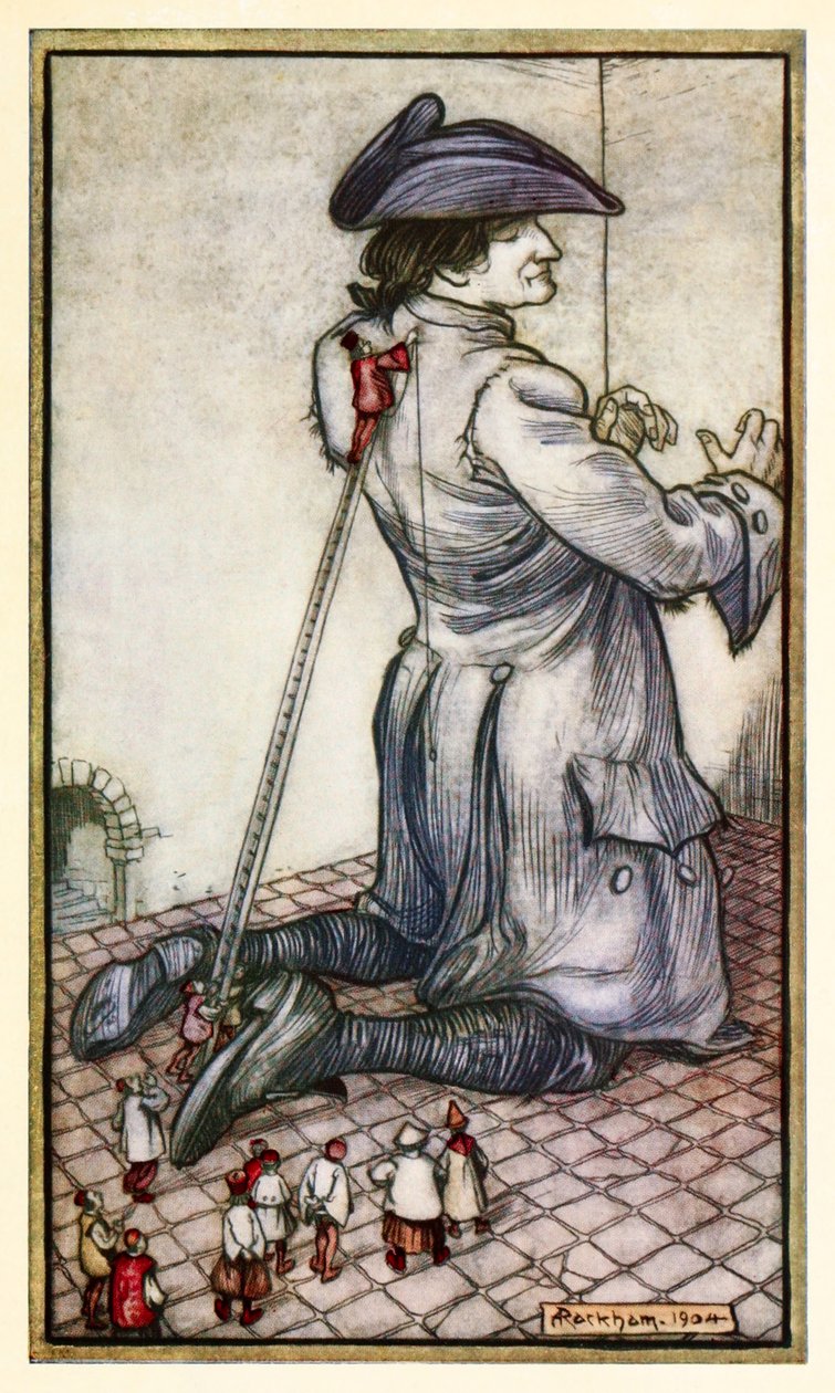 Les tailleurs lilliputiens mesurent Gulliver pour un nouveau costume de la Partie I : Un voyage à Lilliput dans Les Voyages de Gulliver par Jonathan Swift - Arthur Rackham