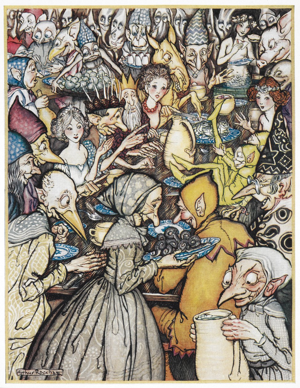 "Le banquet où la compagnie vraiment grandiose était réunie". Le roi des elfes, portant une couronne d