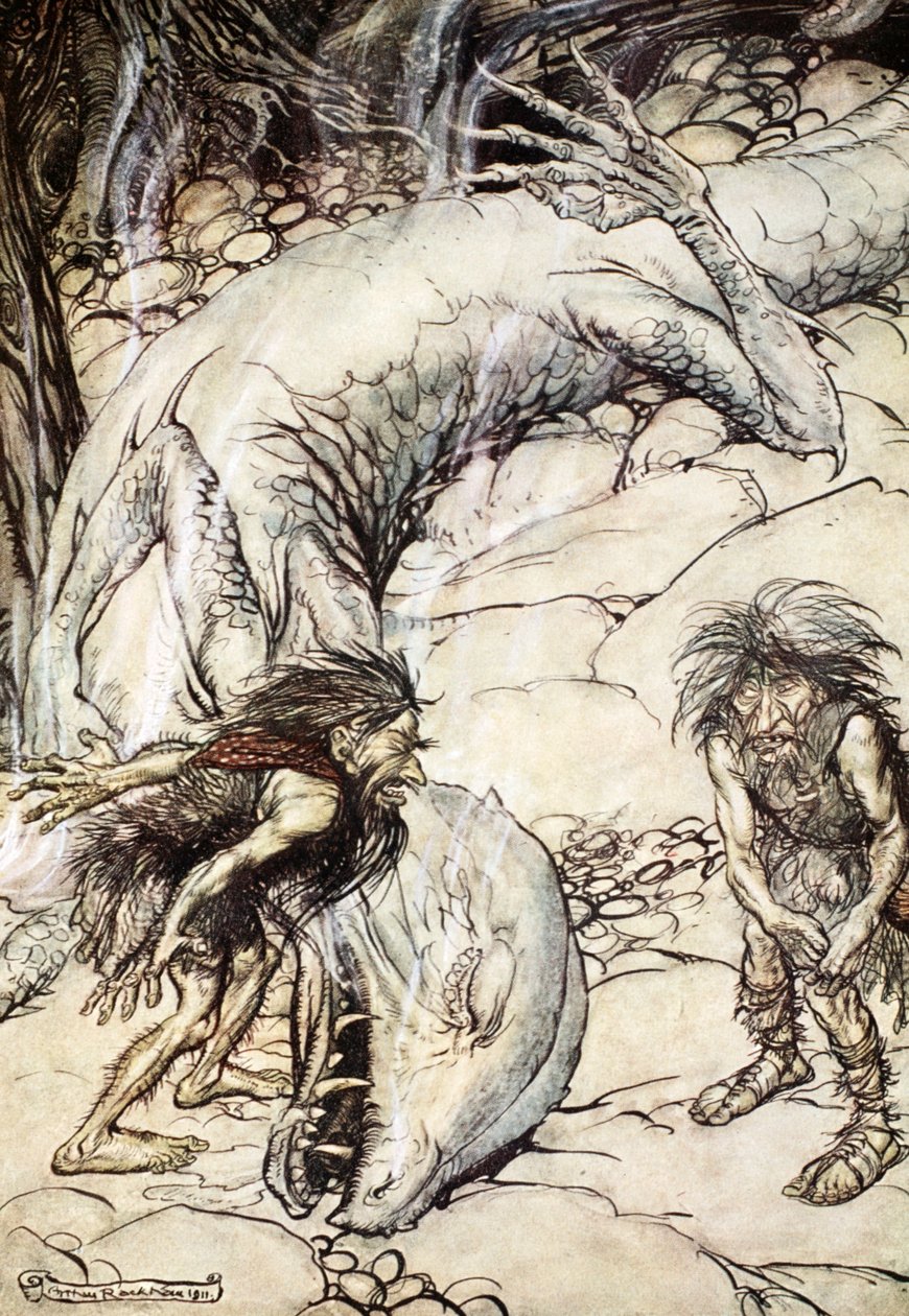 Les nains se disputant le corps de Fafner, 1924 - Arthur Rackham