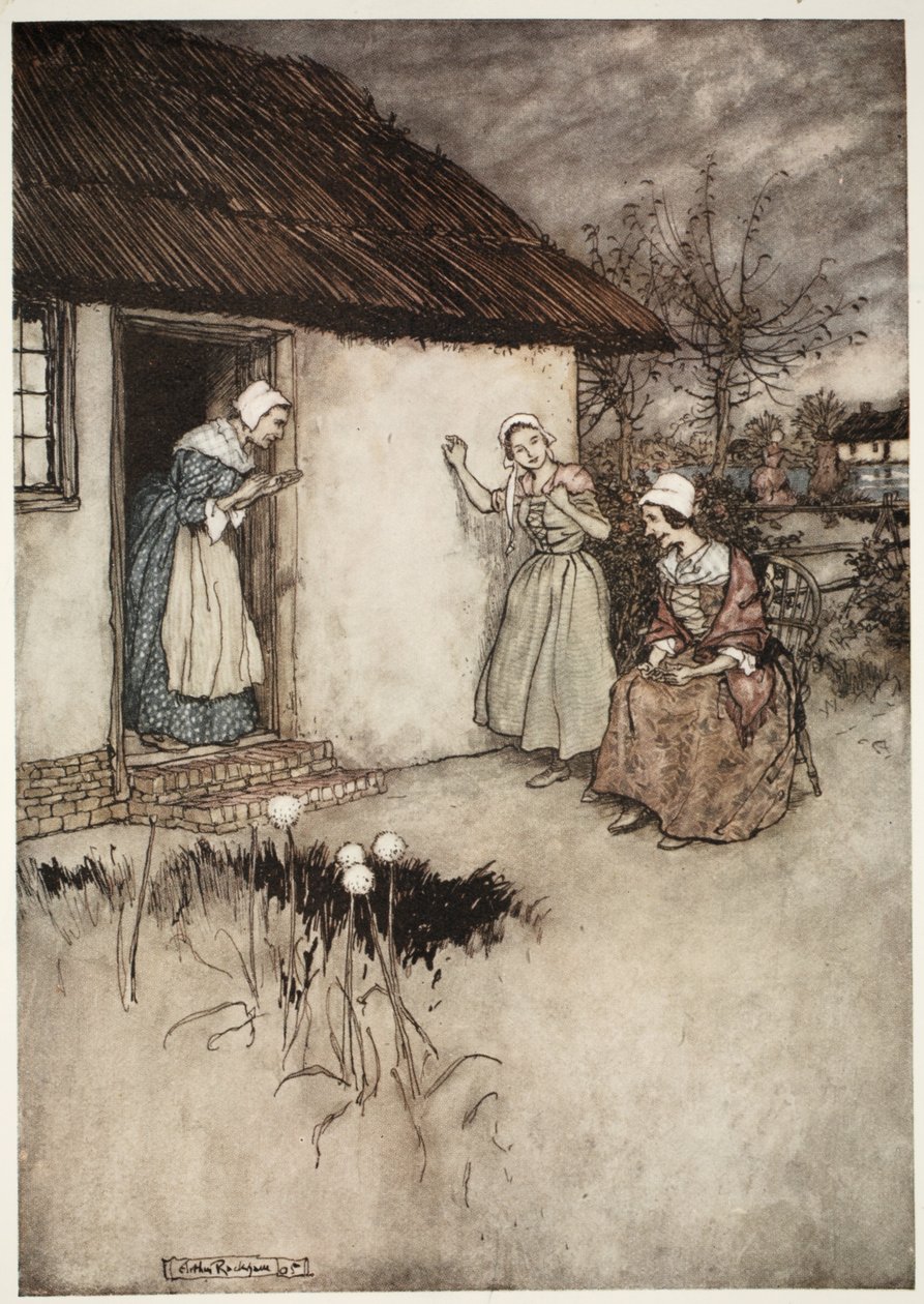 Les bonnes épouses du village ne manquaient jamais, dans leurs commérages du soir, de rejeter toute la faute sur Dame Van Winkle, de Rip Van Winkle par Washington Irving, pub. 1910 - Arthur Rackham