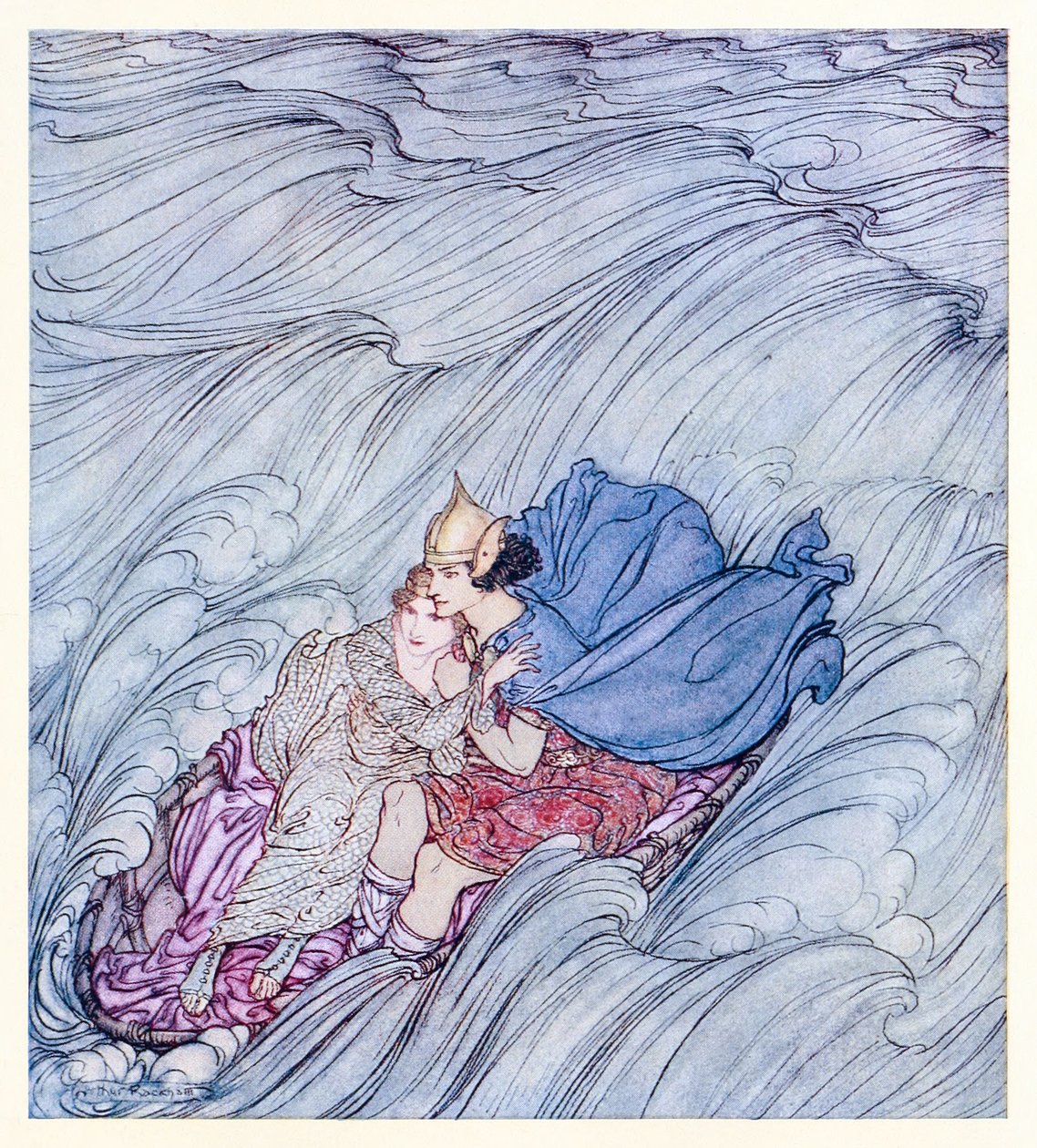 Les vagues de tous les mondes semblaient tourbillonner devant eux en un immense tapis vert de Becuma à la peau blanche dans Contes de fées irlandais - Arthur Rackham