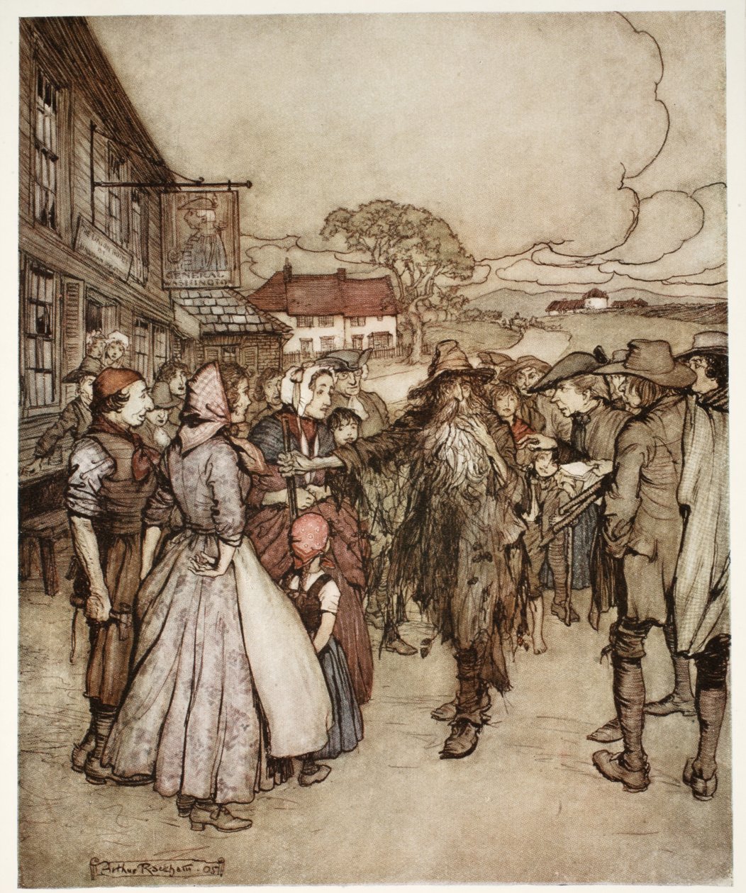 Ils se pressaient autour de lui, le regardant de la tête aux pieds avec une grande curiosité, de Rip Van Winkle par Washington Irving, pub. 1910 - Arthur Rackham