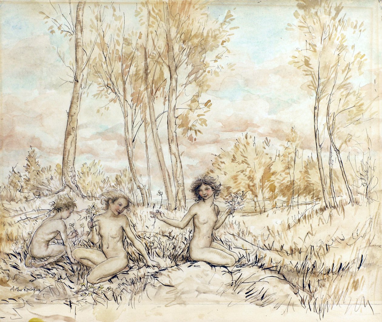 Trois nymphes des bois cueillant des fleurs - Arthur Rackham
