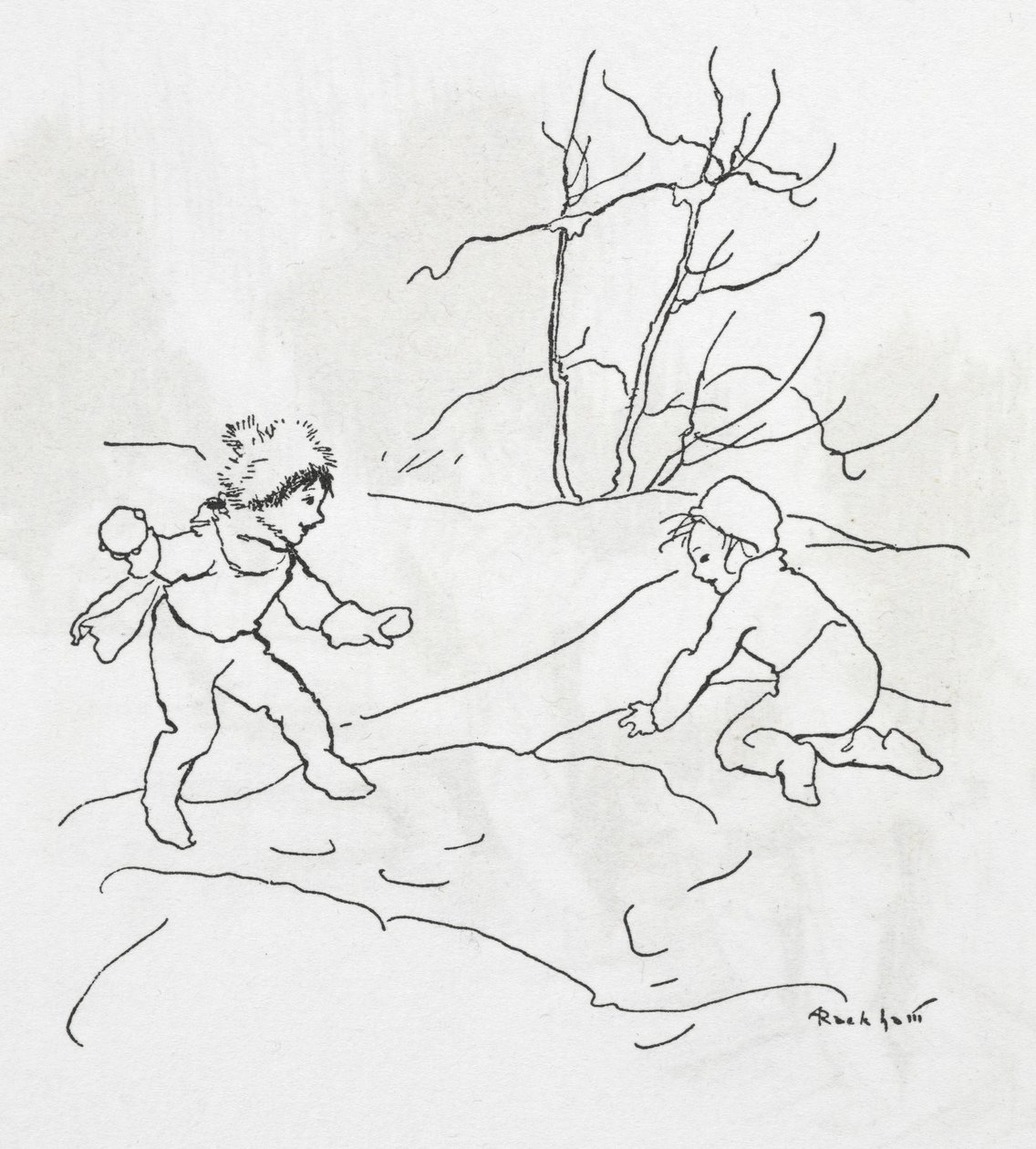 Deux enfants faisant une bataille de boules de neige - Arthur Rackham