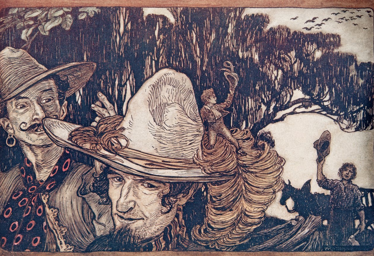 Quand Tom eut dit au revoir à son père, ils partirent avec lui, des Contes de fées des frères Grimm, pub. 1909 - Arthur Rackham