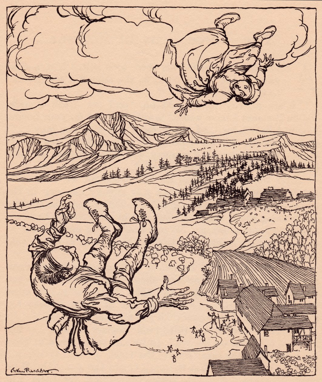Quand son mari la vit, il cria : Hé ! viens ici. Illustration de Arthur Rackham du conte de fées de Grimm, Le Jeune Géant. - Arthur Rackham