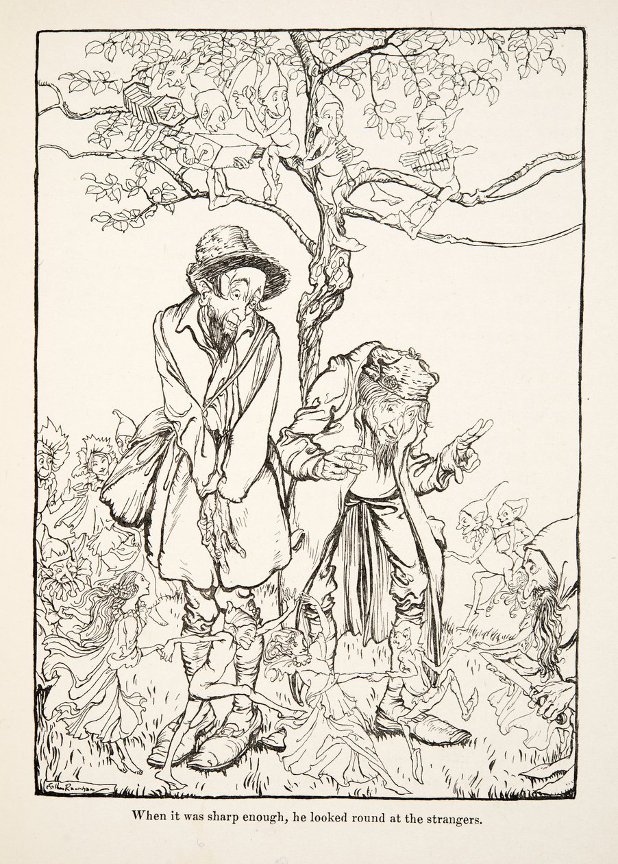 Quand il fut assez aiguisé, il regarda autour de lui les étrangers, de Petit Frère & Petite Sœur et autres contes par les frères Grimm, pub.1917 (litho) - Arthur Rackham