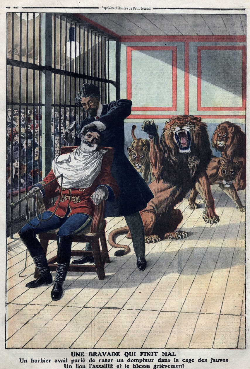 Une bravade qui finit mal : un barbier qui a fait le pari de raser un dompteur dans la cage aux fauves - Artist Unknown