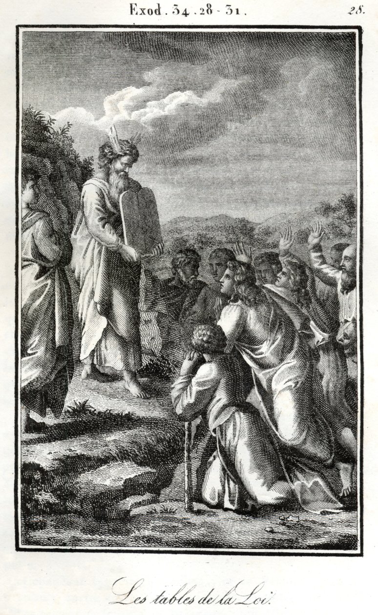 Bible, Moïse montrant les deux tablettes avec les dix commandements (gravure) - Artist Unknown