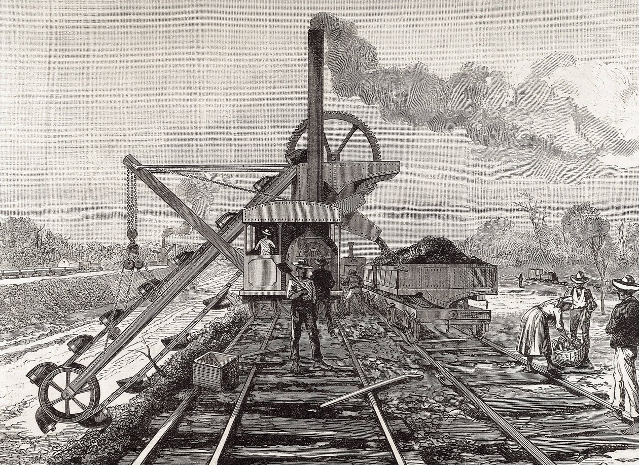 Construction du canal de Panama. Travaux de dragage dans le village de Culebra. Dessin original de Meltor Prior. Image publiée dans "The Illustrated London News". Gravure. - Artist Unknown
