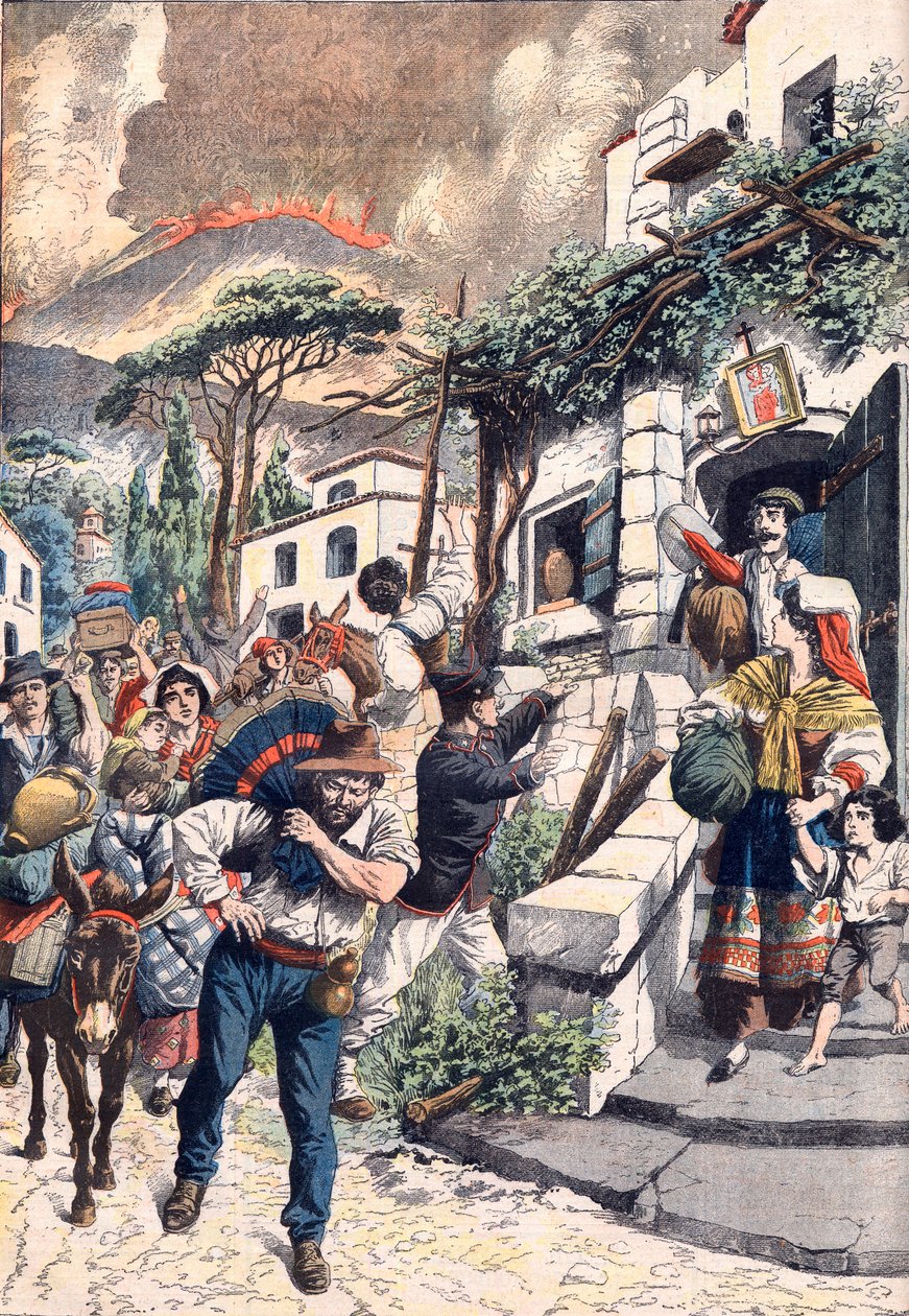 Éruption du Vésuve, personnes fuyant le volcan, 1906 (impression) - Artist Unknown