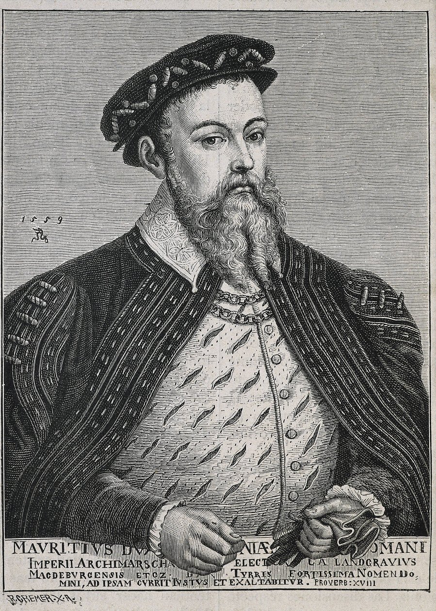 Maurice de Saxe (1521-1553). Duc (1541-47) et plus tard Électeur (1547-53) de Saxe. Protestant à partir de 1539. Portrait basé sur une peinture de Lucas Cranach. Gravure. - Artist Unknown