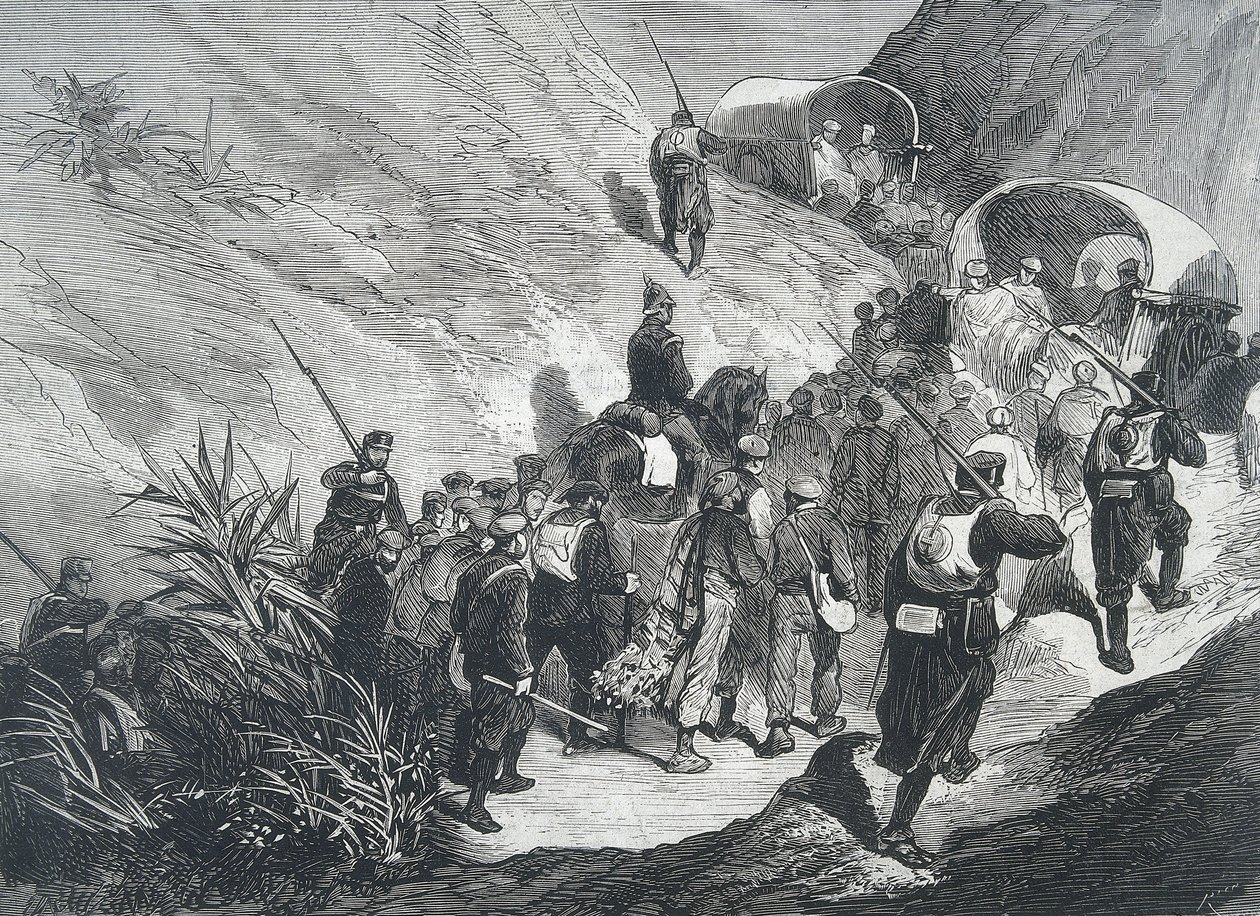 Espagne. Troisième guerre carliste. Prisonniers carlistes traversant les montagnes de l