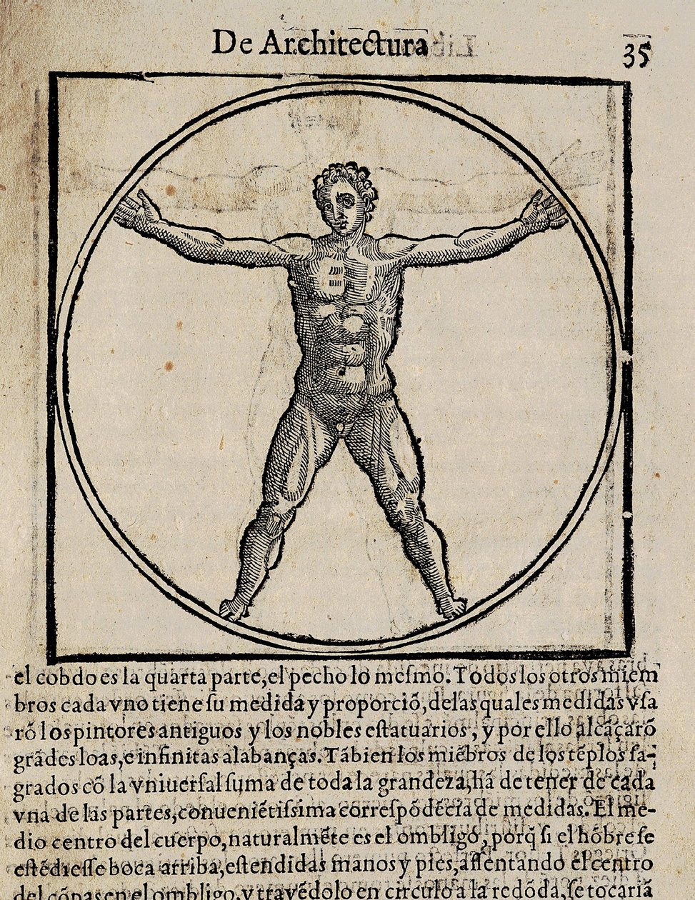 VITRUVE, Marcus Vitrubius Pollio (1er siècle av. J.-C.). "De Architectura", avec traduction en espagnol par Miguel de Urrea. Édité à Alcala de Henares par Juan Gracian (1582). Illustration de la page 35 avec le canon du corps humain. Xylographie - Artist Unknown