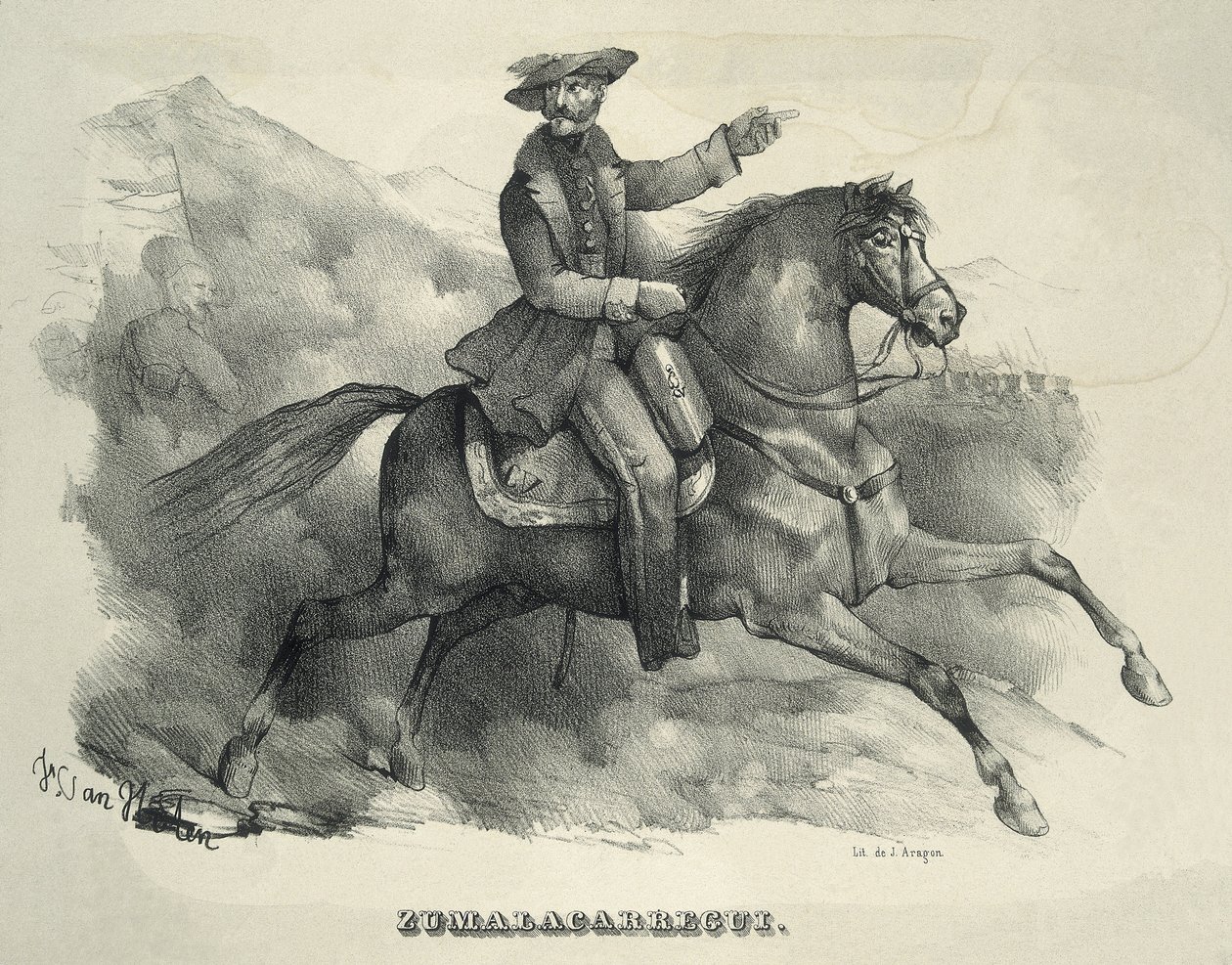ZUMALACARREGUI, Tomas (1788-1835). Général carliste. Espagne. Première guerre carliste. Zumalacarregui à cheval. Gravure. - Artist Unknown