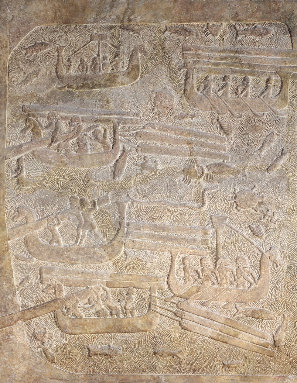 Relief représentant le déchargement du bois après transport par mer, du palais de Sargon II, Khorsabad, Irak - Assyrian