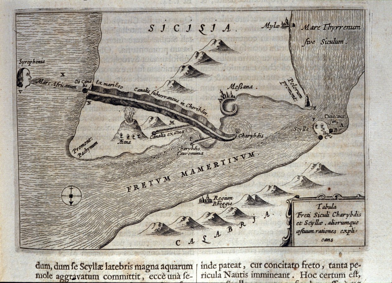 Représentation cartographique de Charybde et Scylla dans le détroit de Messine, Sicile. Gravure de "Mundus Subterraneus" par Athanasius Kircher (1601-1680), jésuite, orientaliste et érudit 1682 - Athanasius Kircher